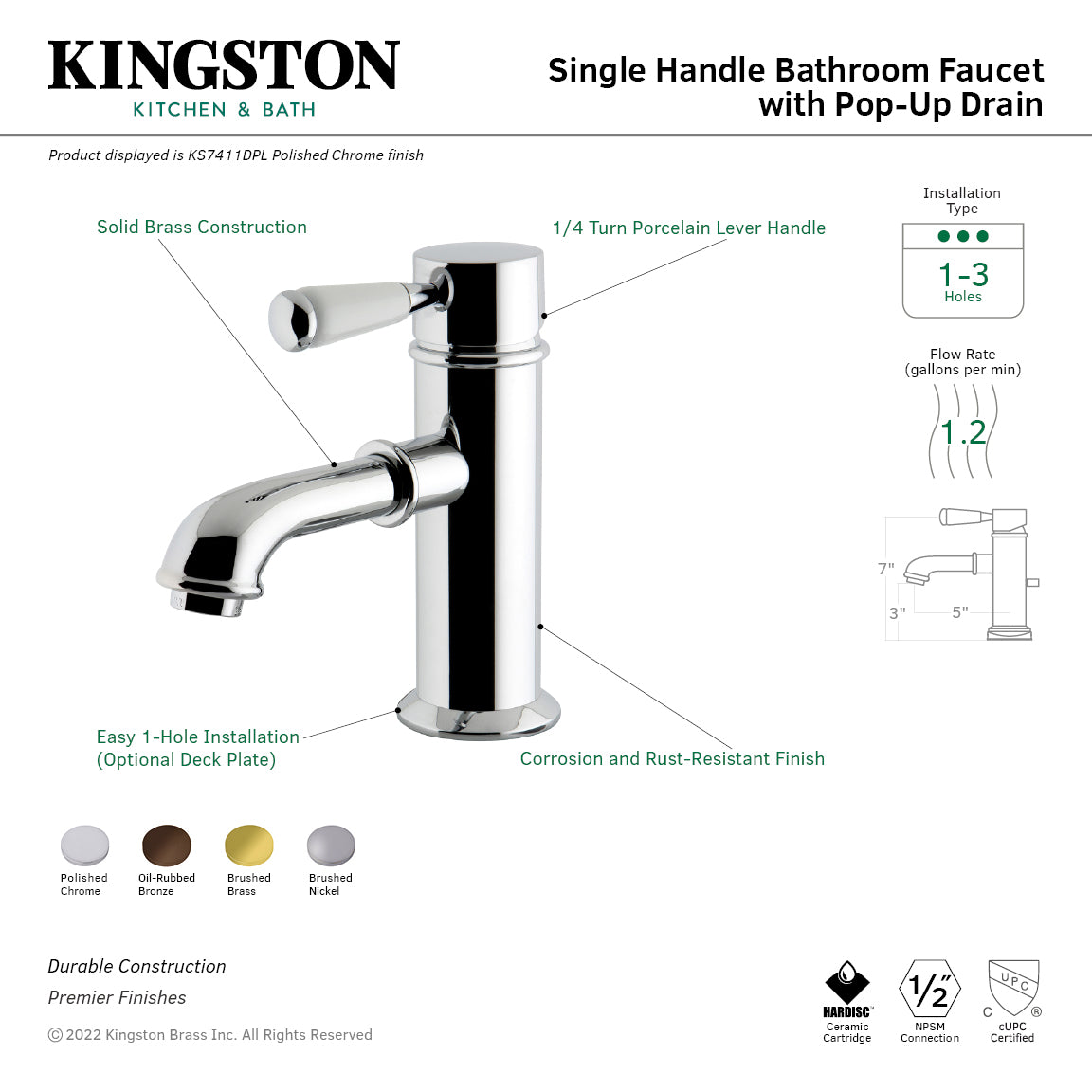 Kingston Tulare KS7417DPL - Paris One-Handle 1-Hole Bathroom Faucet with Deck Plate and Brass Pop-Up Drain, Brushed Brass — thumbnail 2